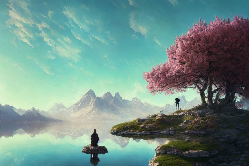 Tranquil mountain range with cherry blossoms and reflective lake