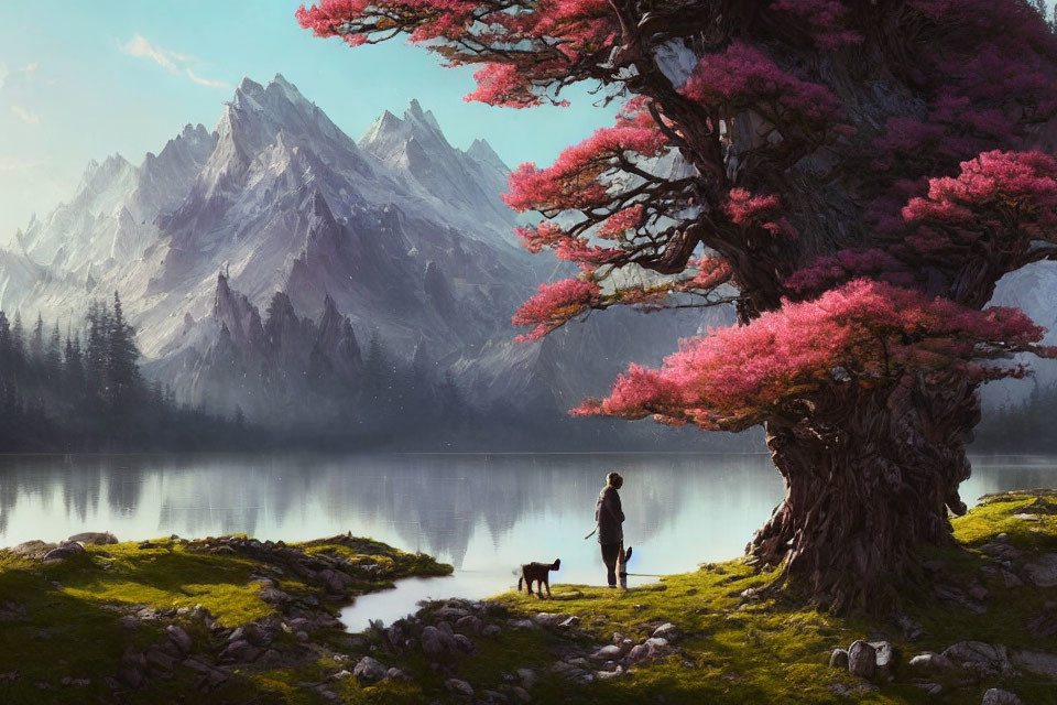 Tranquil landscape with person, dog, pink tree, lake, and mountains