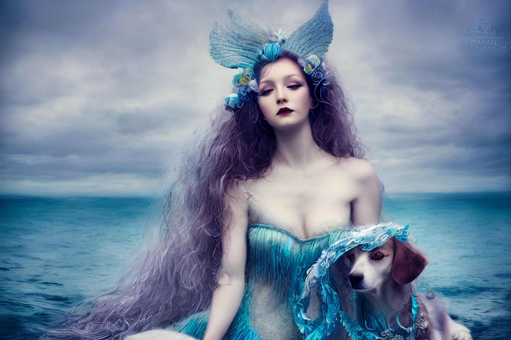 Elaborate Fantasy Makeup and Costume with Dog on Dramatic Ocean Backdrop