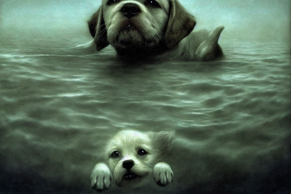Two dogs swimming in water, one looking at viewer, one partially submerged