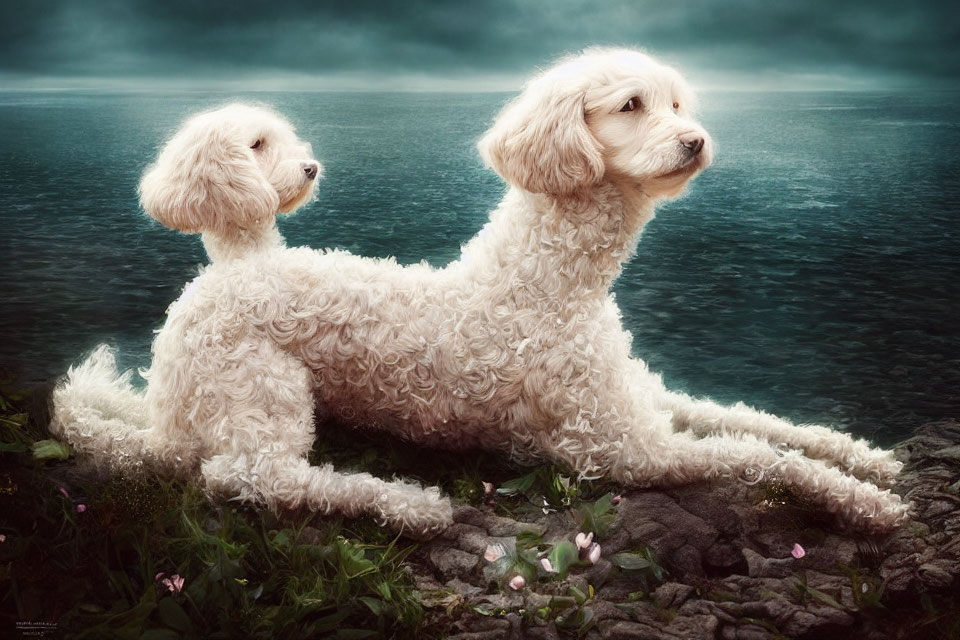 Curly-haired white dogs sitting on rocks by serene sea