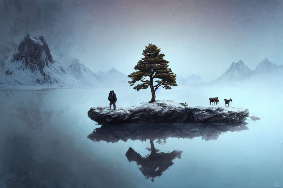 Solitary figure, two wolves, icy plateau, lone tree, distant mountains landscape