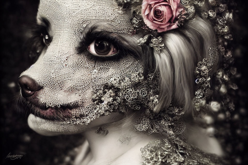 Detailed artistic makeup resembling a dog with lace and floral adornments.