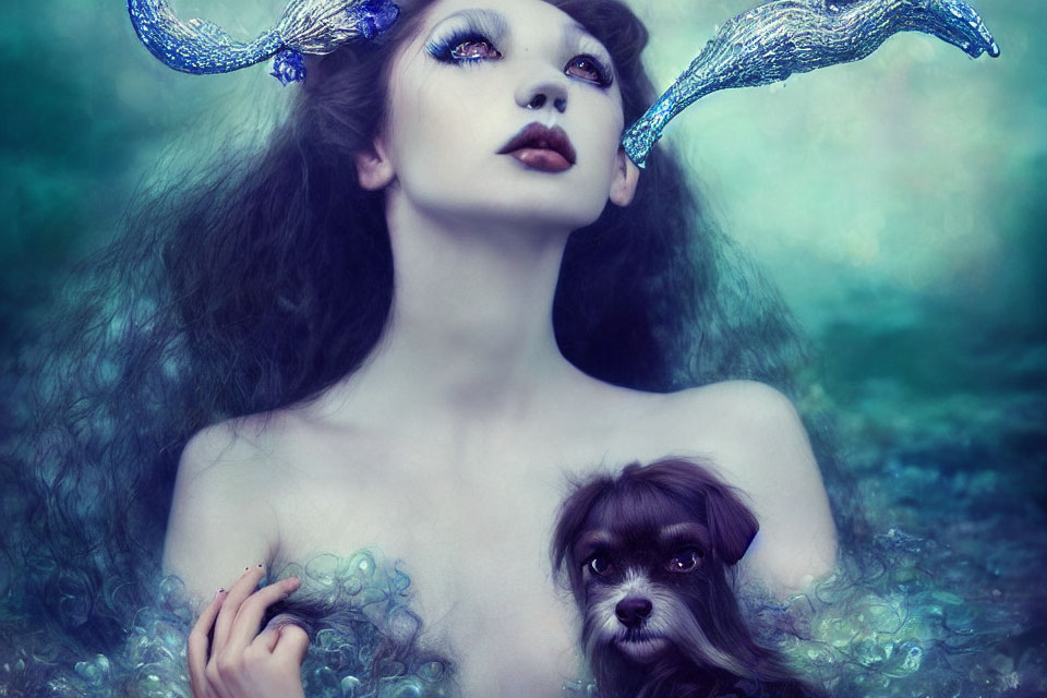 Portrait of woman with fantasy make-up and spiraled horns, accompanied by dog on teal background