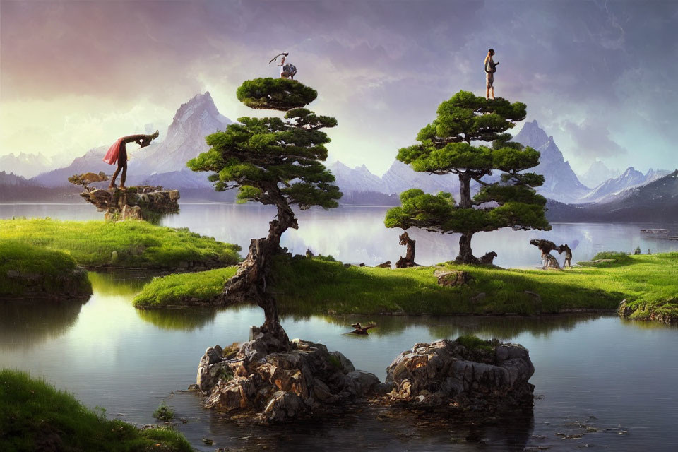 Surreal landscape with people on oversized bonsai trees by mountains and calm lake
