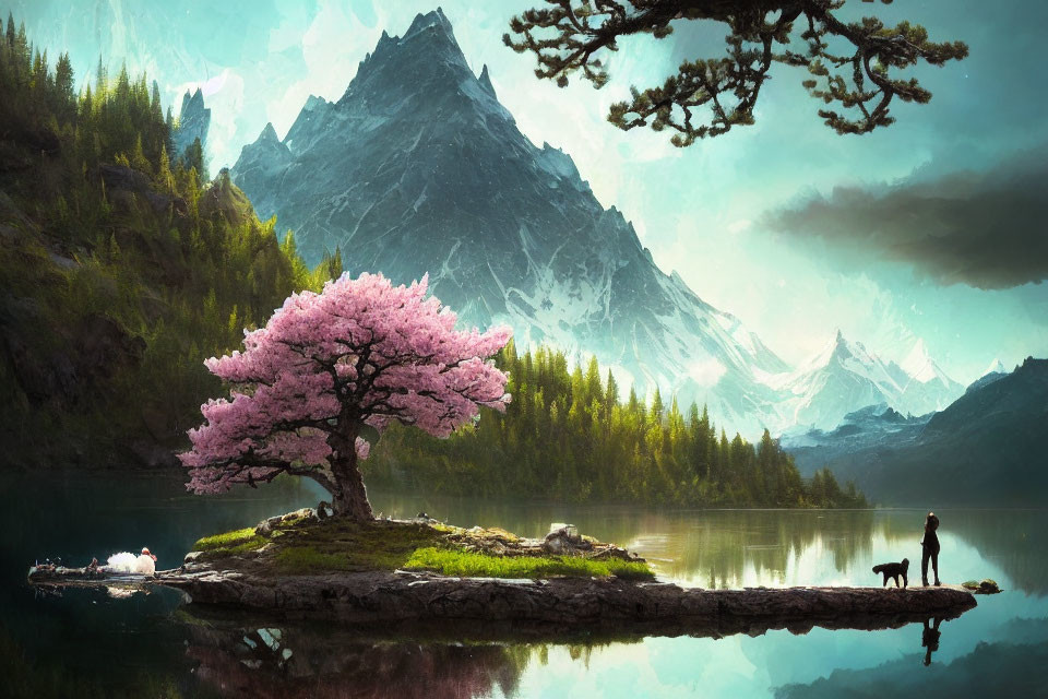 Tranquil landscape with person, dog, cherry blossom tree, lake, and mountains.