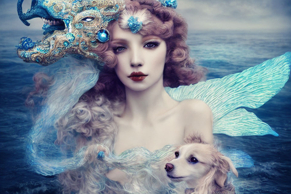 Curly-haired woman with blue flowers and mask, with dog, in stormy sea scene