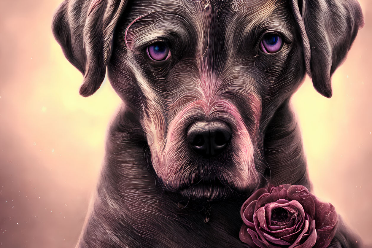 Digital Artwork: Dog with Soulful Blue Eyes and Rose on Neck
