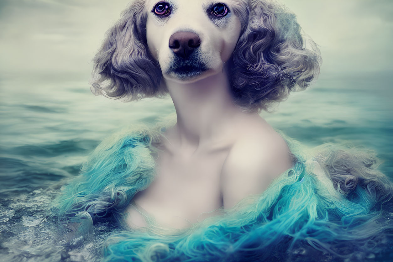 Surreal creature with dog head and human body in ocean setting
