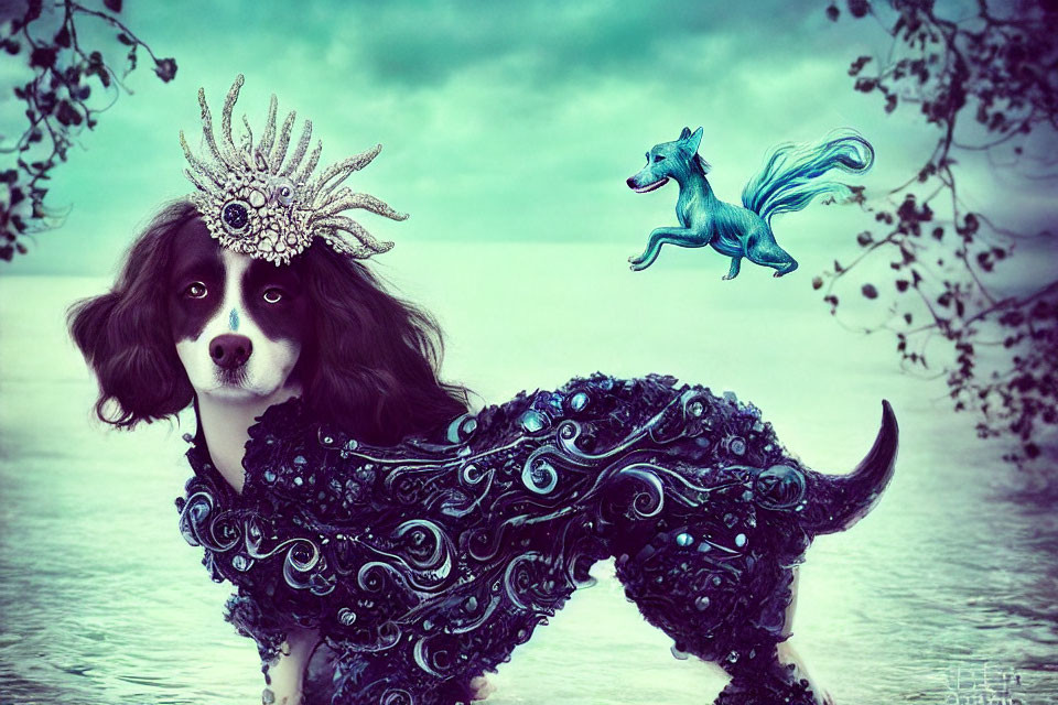 Whimsical dog in blue costume with crown and winged creature on dreamy backdrop