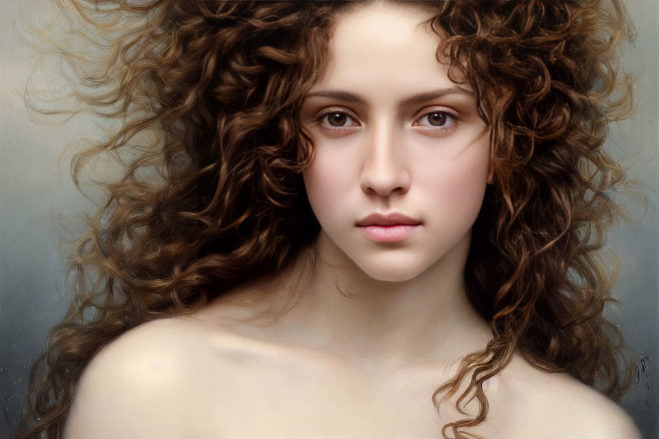 Portrait of woman with voluminous curly brown hair and fair skin.