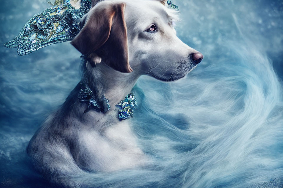 Decorative dog with headpiece and collar in blue water-like surroundings