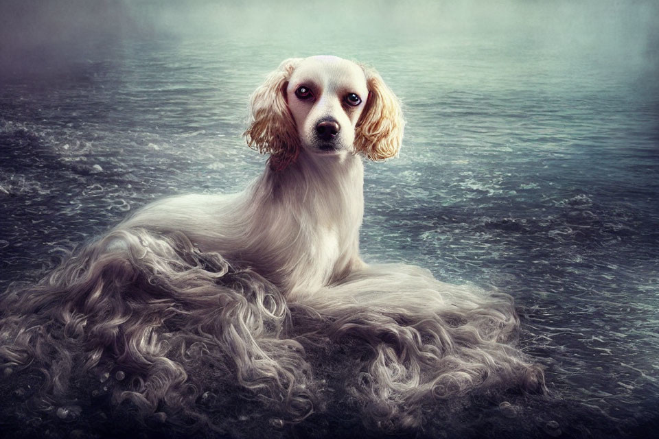 White and Tan Long-Haired Dog Sitting in Misty Background