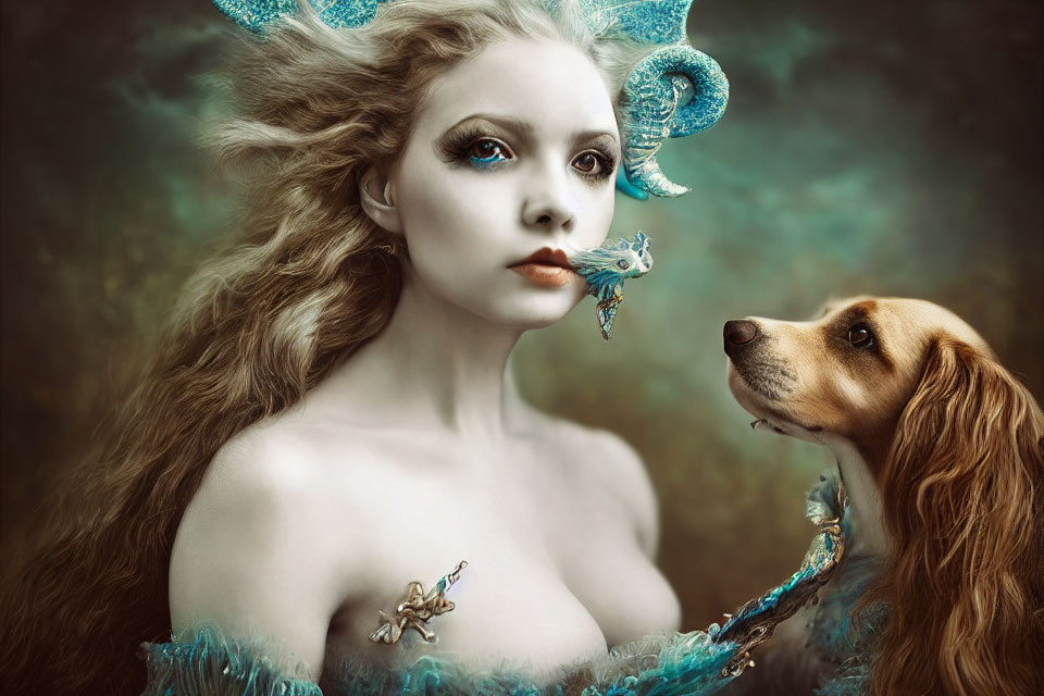 Fantastical portrait of a woman with sea-themed makeup and attire, gazing at a dog on