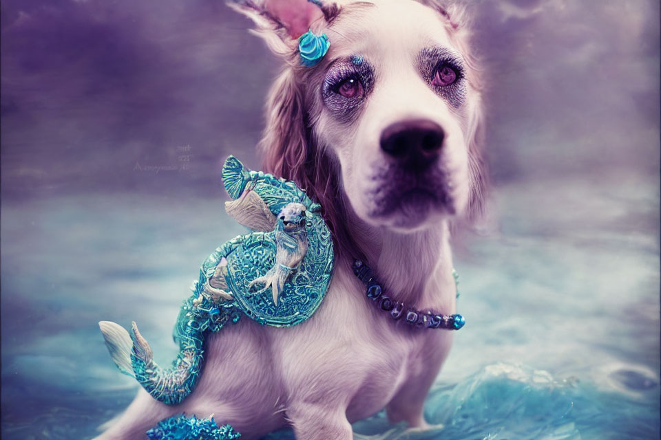 White Dog in Mermaid Costume with Seashell Accessories on Teal Tail