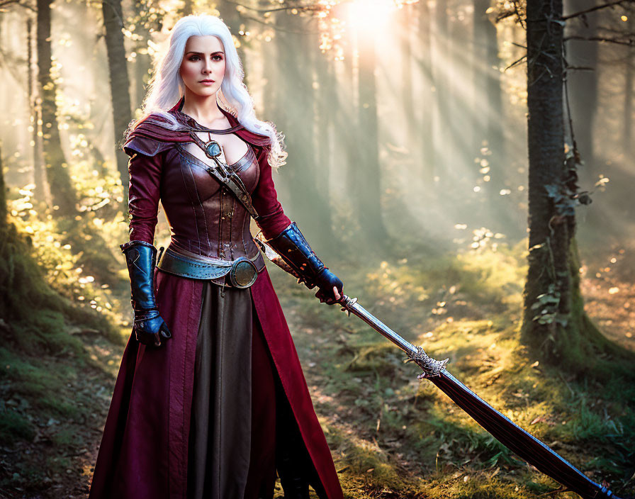 White-haired woman in medieval fantasy costume wields sword in forest sunlight
