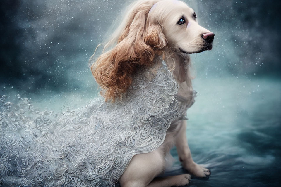 White and ginger dog with lace pattern in misty backdrop