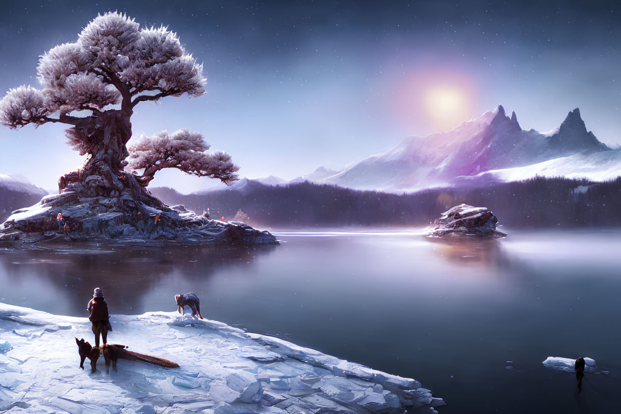 Person with Two Dogs by Frozen Lake and Majestic Tree in Twilight Scene