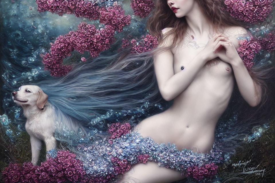 Fantastical nude woman with flowing hair among pink blossoms and a small dog in dreamy setting
