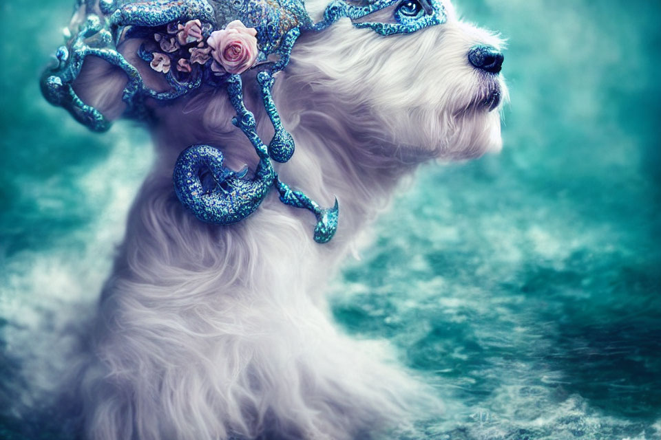 Fluffy White Dog with Blue Octopus Hat on Teal Background