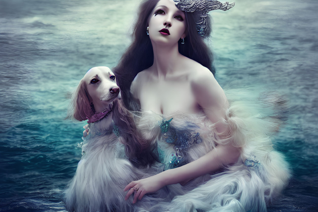 Woman in ethereal blue dress with cream dog against moody sea-like backdrop