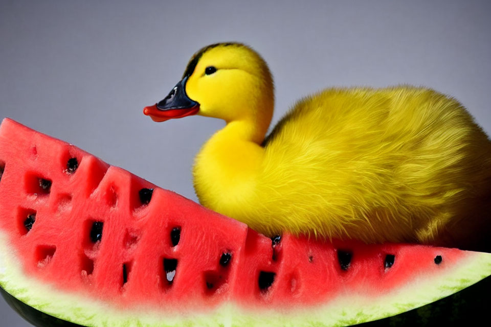 Yellow Rubber Duck on Red Watermelon Slice Against Grey Background