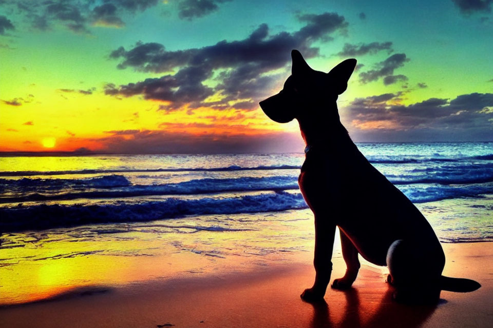 Silhouette of Dog on Beach at Sunset with Vibrant Orange and Blue Sky