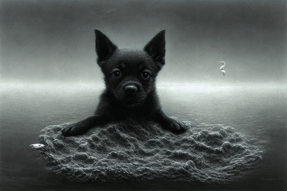 Black puppy with pointed ears on fur island with white fish and question mark in misty setting