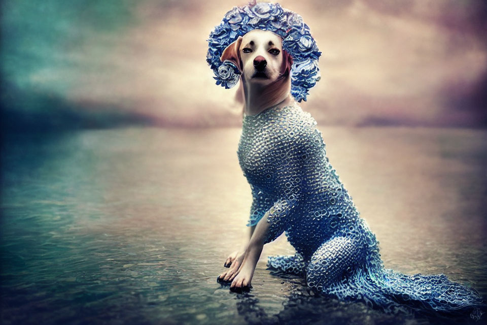 Dog's Head on Human Body in Blue Dress and Hat Against Colorful Waterscape