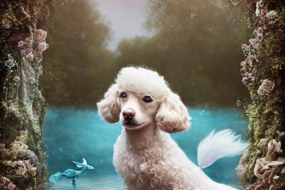 Whimsical poodle with mermaid tail in underwater scene