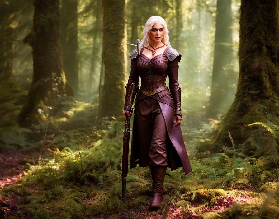 White-haired woman in medieval fantasy costume wields sword in misty forest