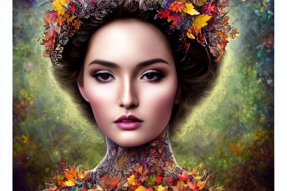 Portrait of Woman with Autumn Leaves in Hair Against Vibrant Floral Background