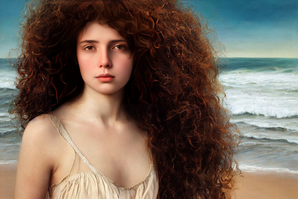 Portrait of a woman with curly auburn hair in cream dress by turbulent sea