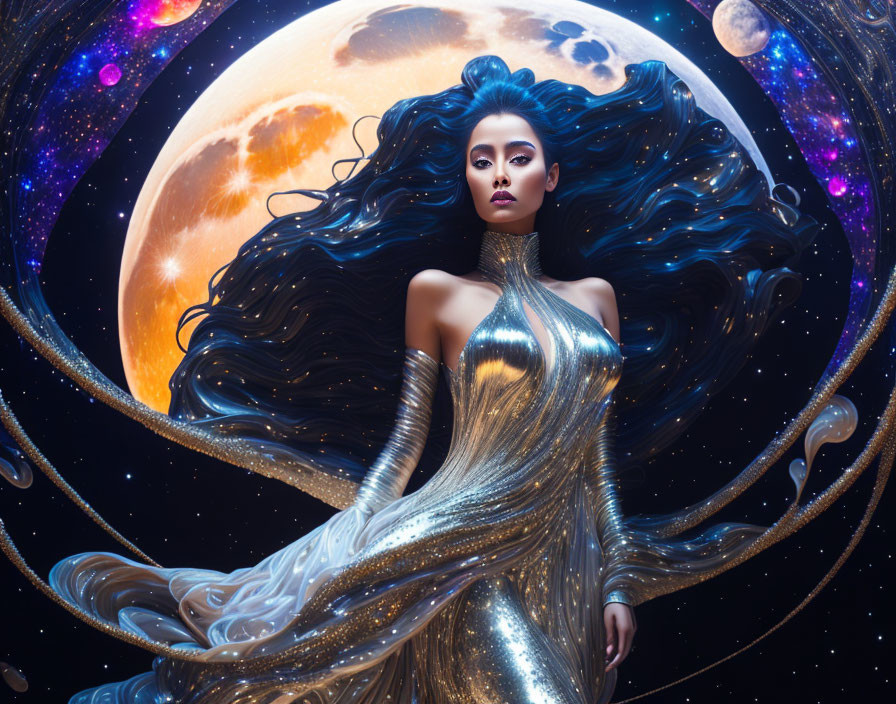 Woman in Silver Gown Against Cosmic Background