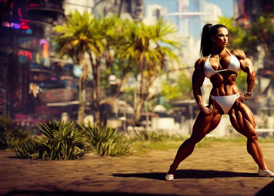 Muscular woman in bikini posing in urban tropical setting.