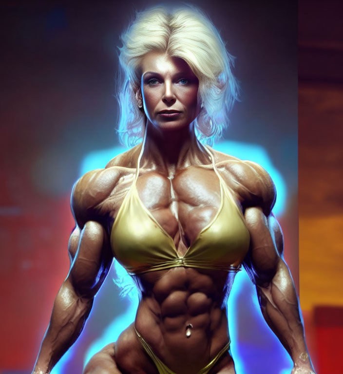 Digitally rendered female bodybuilder in green bikini with blonde hair