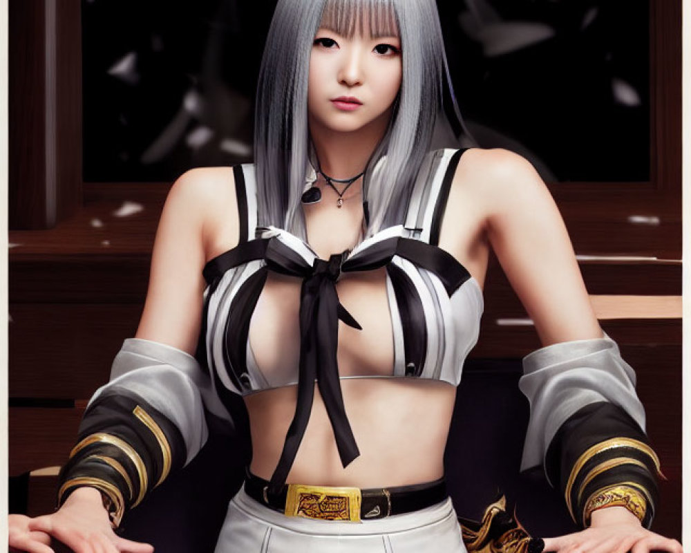 Anime character with silver hair and black & white outfit striking a confident pose