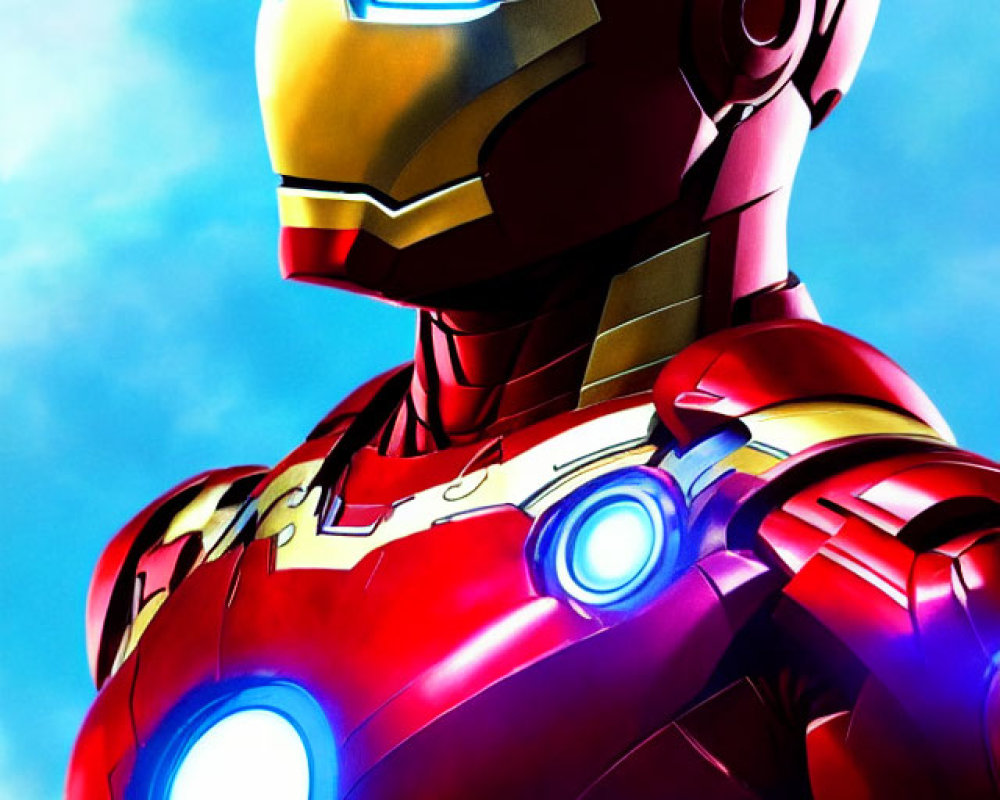Detailed depiction of Iron Man suit's helmet and chest reactor on a blue sky backdrop