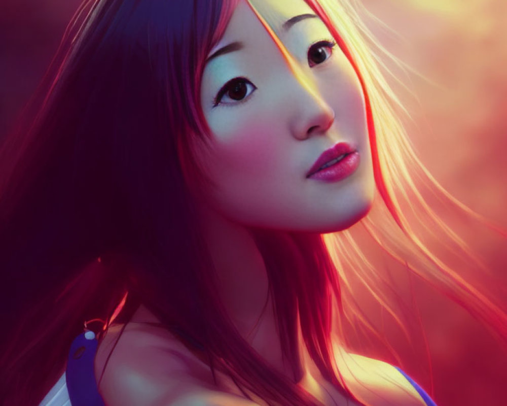 Digital portrait of woman with long dark hair and blue strap against warm pink and red backdrop