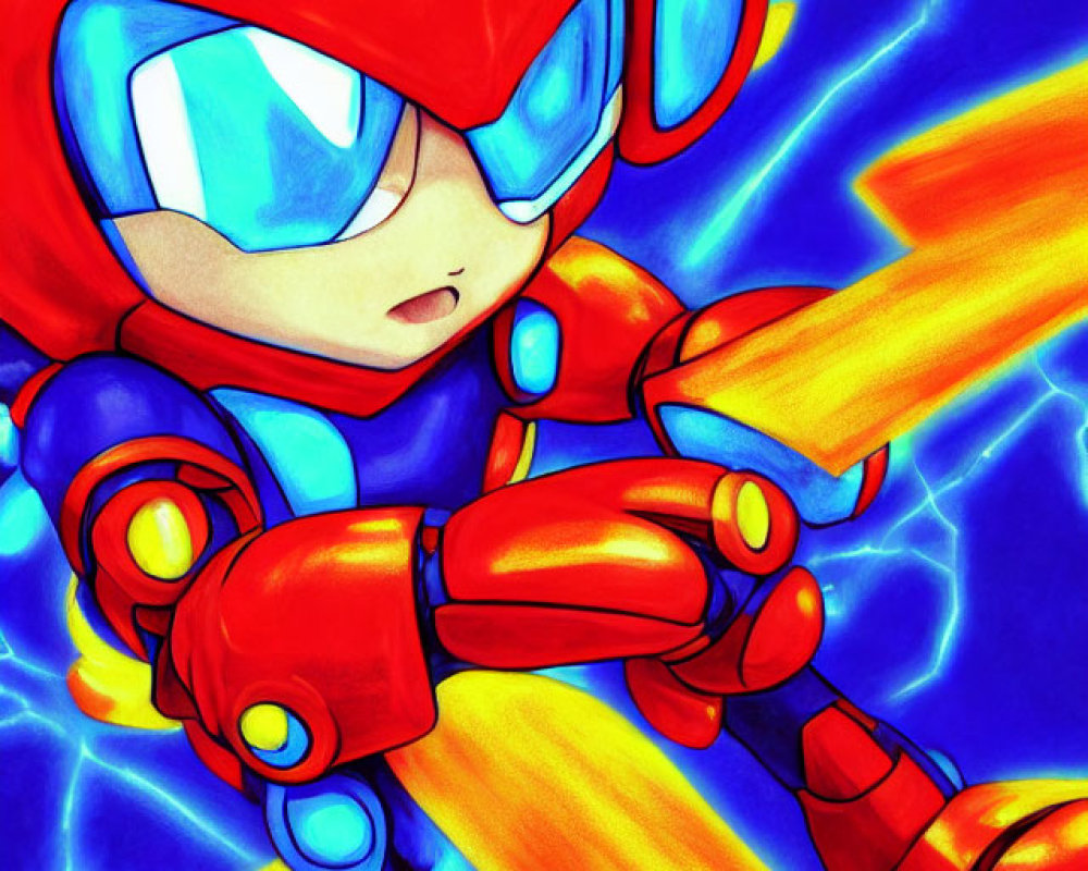 Blue and Red Armored Robot with Blaster Arm in Electric Background