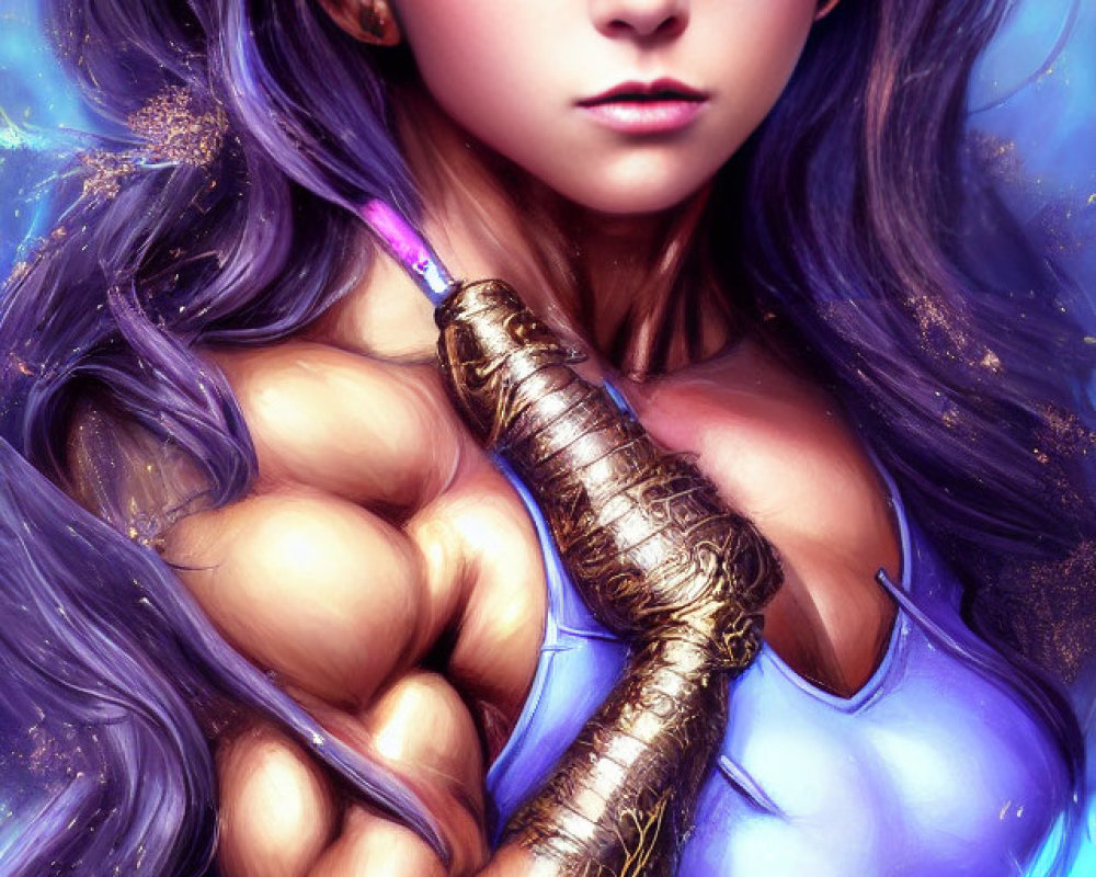 Illustration of muscular female character with violet hair and gold-wrapped hilt on blue and purple backdrop