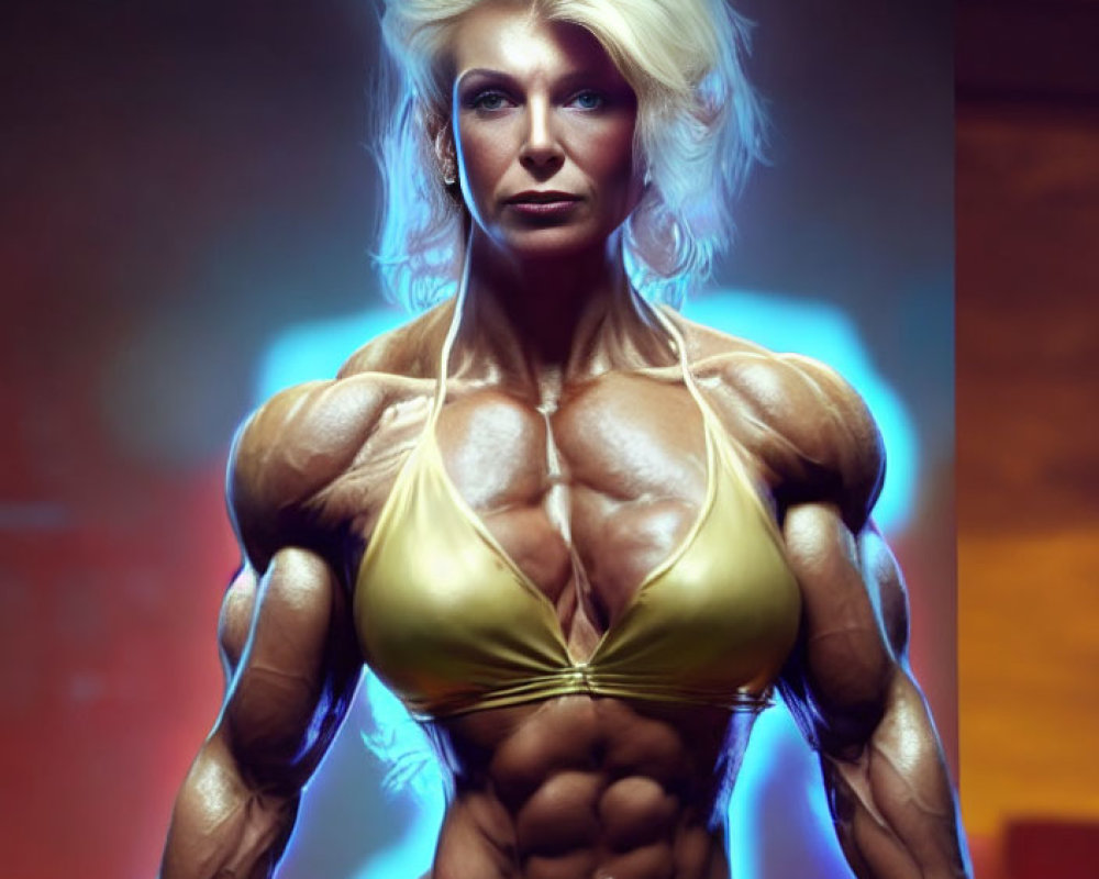 Digitally rendered female bodybuilder in green bikini with blonde hair