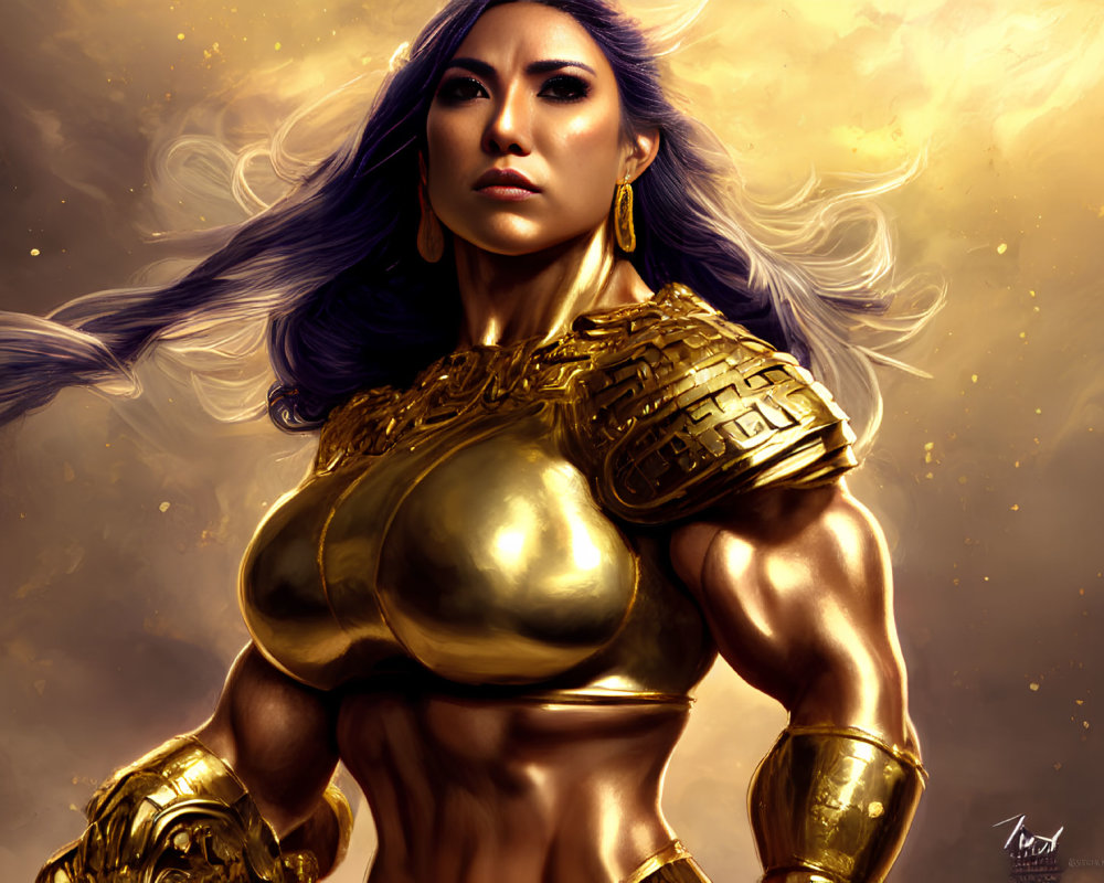 Muscular woman in golden armor with long purple hair on glowing background