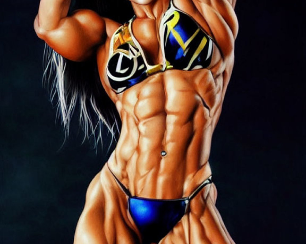 Muscular female figure in blue bikini with gold trim and face makeup posing.