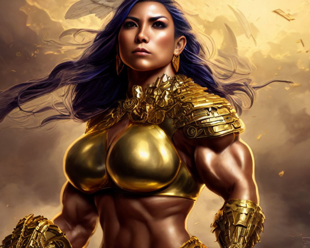 Purple-haired female warrior in golden armor and gauntlets in battle scene.