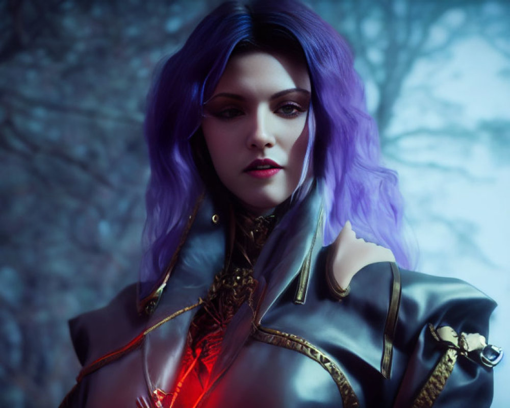 Purple-haired figure in fantasy armor in misty forest