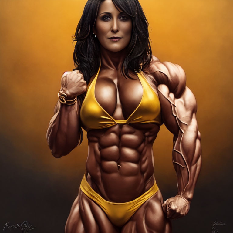 Muscular Woman in Yellow Bikini Flexing Arms on Ochre Background