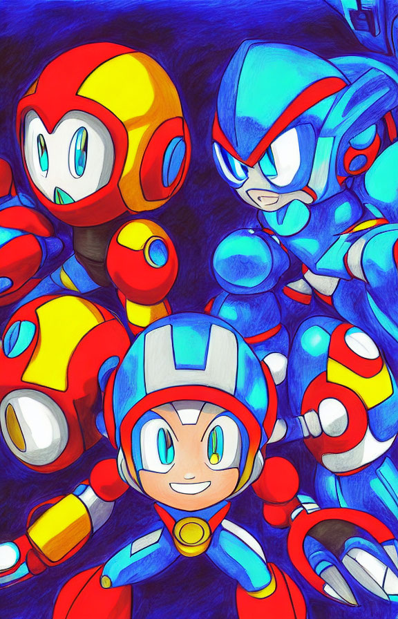Vibrant Mega Man characters in blue and red armor on blue background