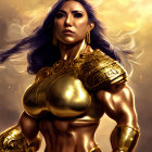 Purple-haired female warrior in golden armor and gauntlets in battle scene.