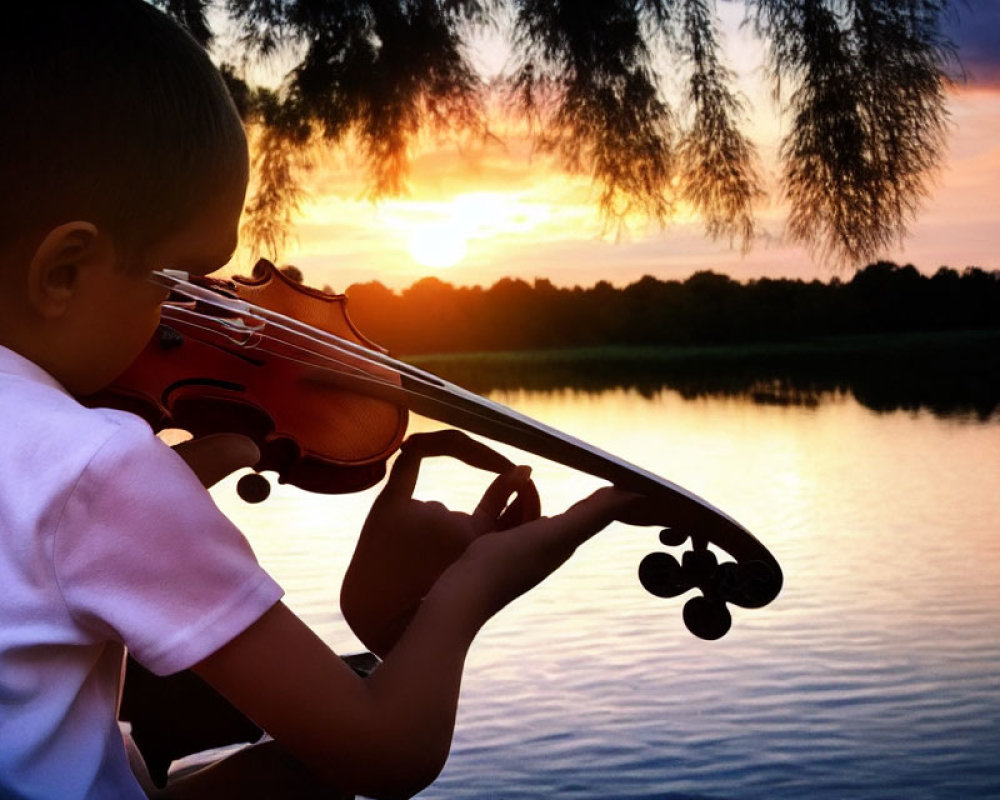 Child with violin by serene lake at sunset with willow branches